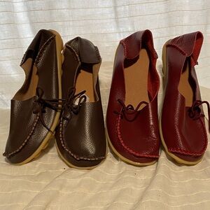 Women's Leather Loafers - Brown and Red